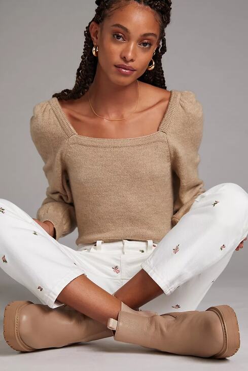 Anthropologie Sweaters - Anthropologie Square Neck Puff Sleeve Knit Sweater Tan M